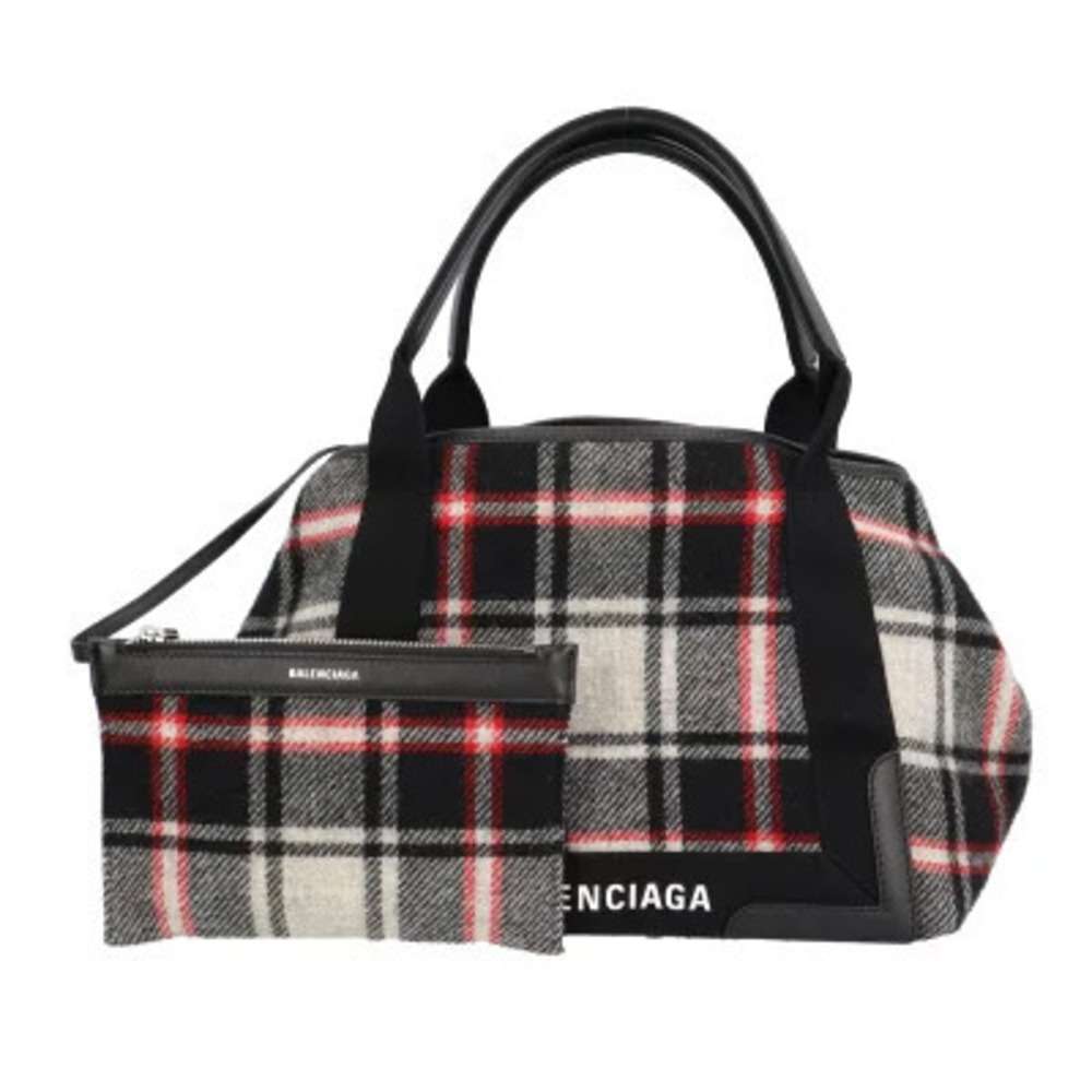 Balenciaga tartan check Navy Blue Cabas Handbag wool black